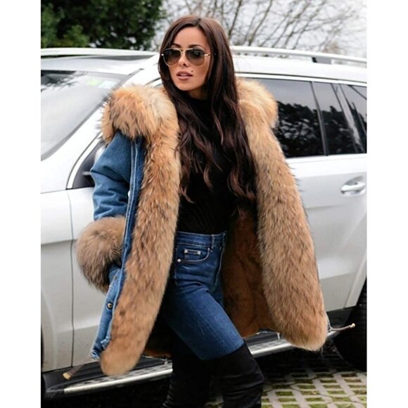 🆕 Hooded Fur Lined Warm Coat Jean Parka Outwear Winter Long Trench Jacket NWT - Picture 4 of 9